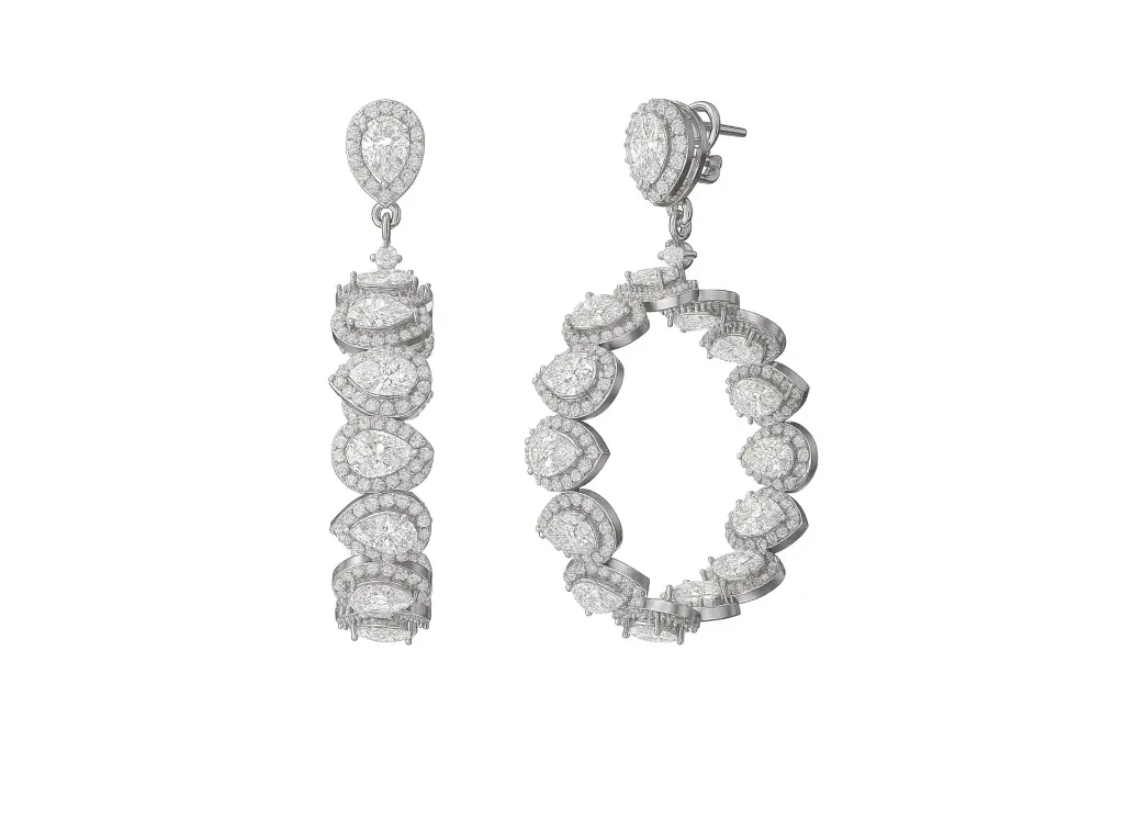 SERENELLE — Pear-shaped diamond with round halo, inside-out hoop earrings