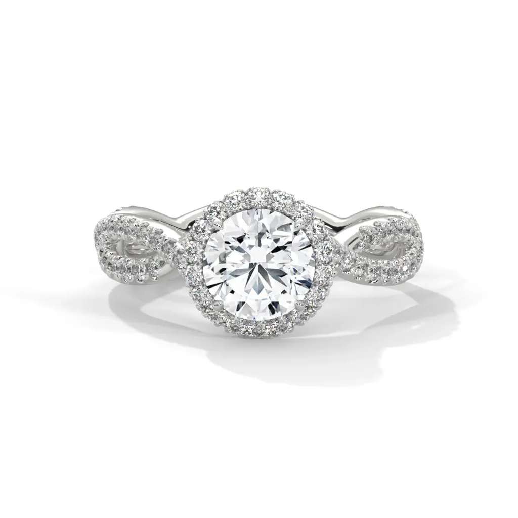 Vespera - accented twisted split shank solitaire ring with a halo - VR87906