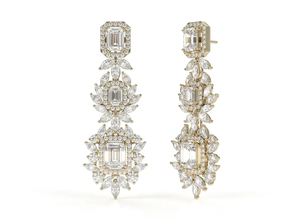 STELLARA — Emerald and marquise cut diamond chandelier earrings-VER1148
