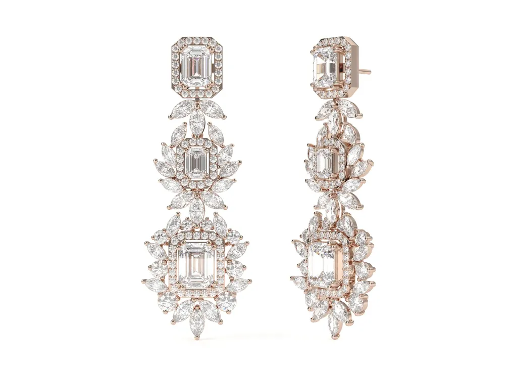 STELLARA — Emerald and marquise cut diamond chandelier earrings-VER1148