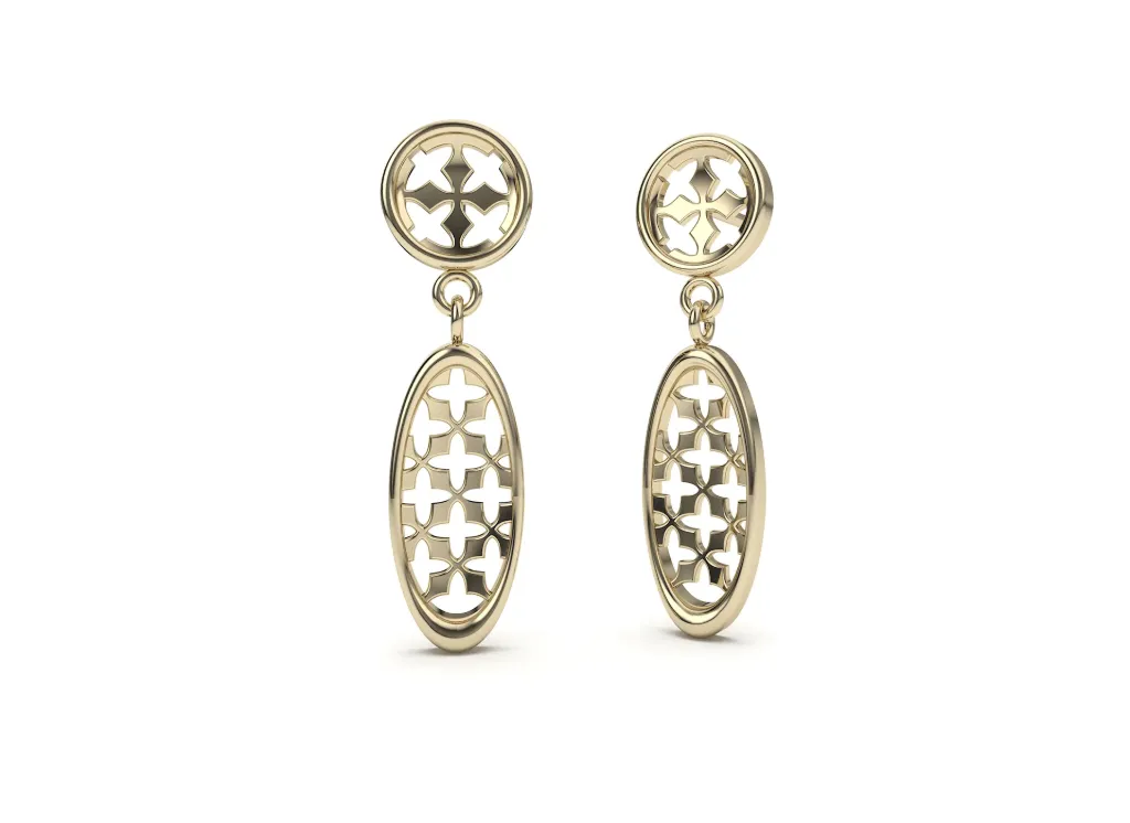 CRUCELLE - geometric drop earring style featuring circular and oval elements with symmetrical cross-like cutout patterns - VER1252