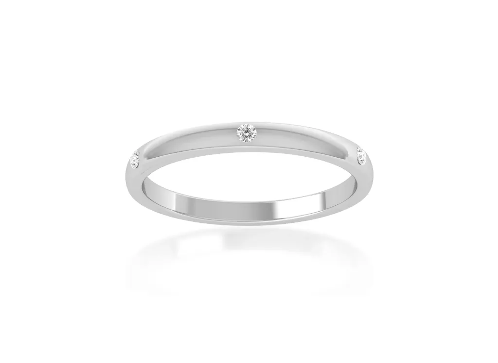 BANDORA-a minimalist band ring style with five evenly spaced embedded diamonds in flush setting - VR1959