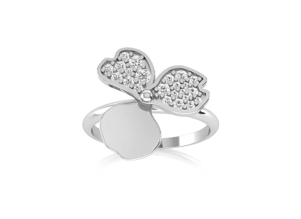 TRIBLOOM-ring style with a trio of petal-like segments—two encrusted with stones, one polished, joined by a central bead - VR1963 (White)