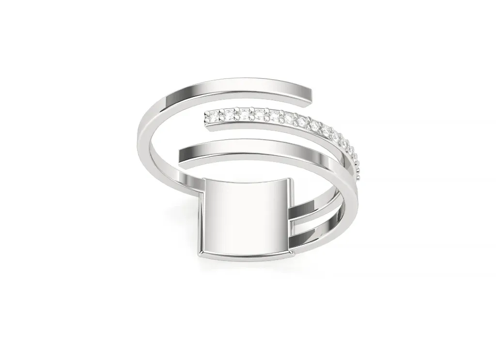 TRISPARK-a modern spiral ring style featuring three sleek bands, one adorned with a row of sparkling stones - VR1967