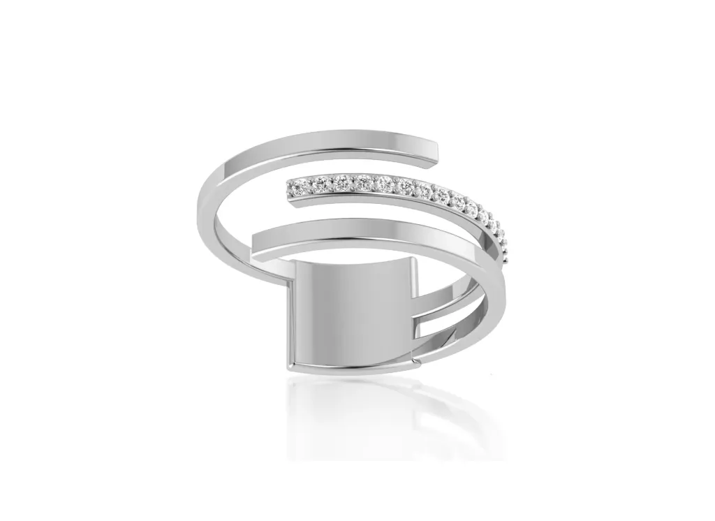 TRISPARK-a modern spiral ring style featuring three sleek bands, one adorned with a row of sparkling stones - VR1967