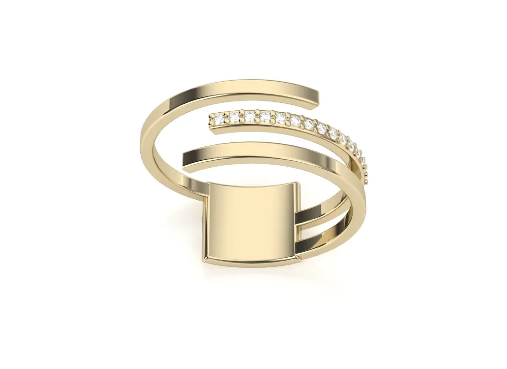 TRISPARK-a modern spiral ring style featuring three sleek bands, one adorned with a row of sparkling stones - VR1967