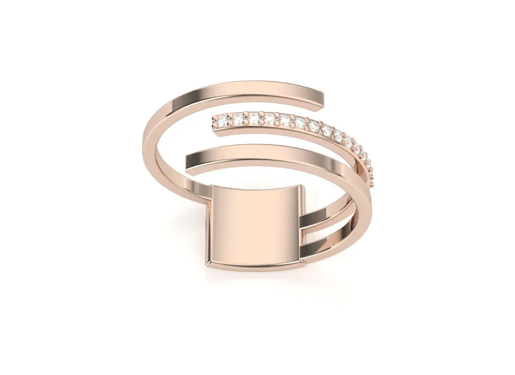 TRISPARK-a modern spiral ring style featuring three sleek bands, one adorned with a row of sparkling stones - VR1967