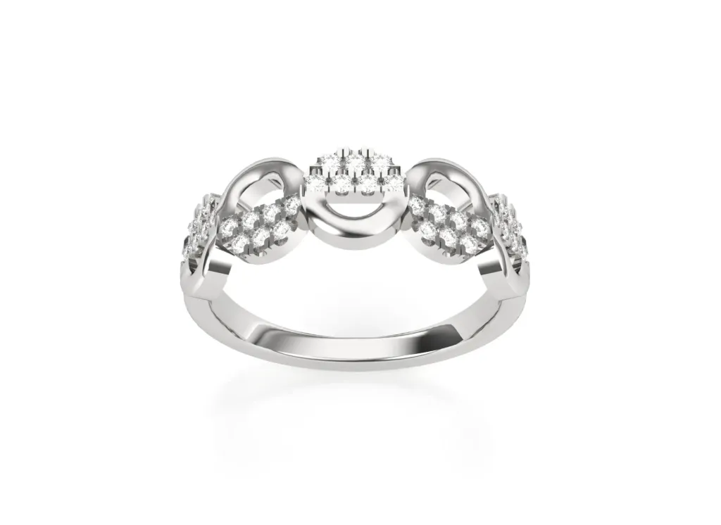 LOOPLUMÉ-ring style featuring a central diamond cluster flanked by two symmetrical loops adorned with stones - VR1969