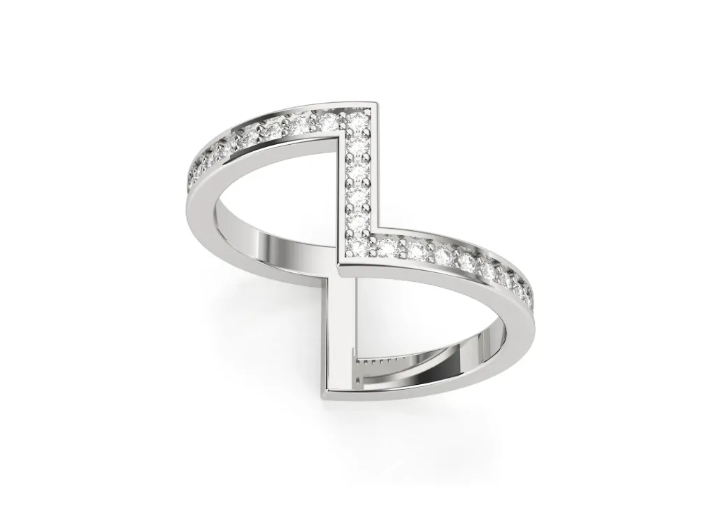 ZIGLUX-a geometric split-band ring style with angular curves and one diamond-studded side for asymmetrical brilliance - VR1973