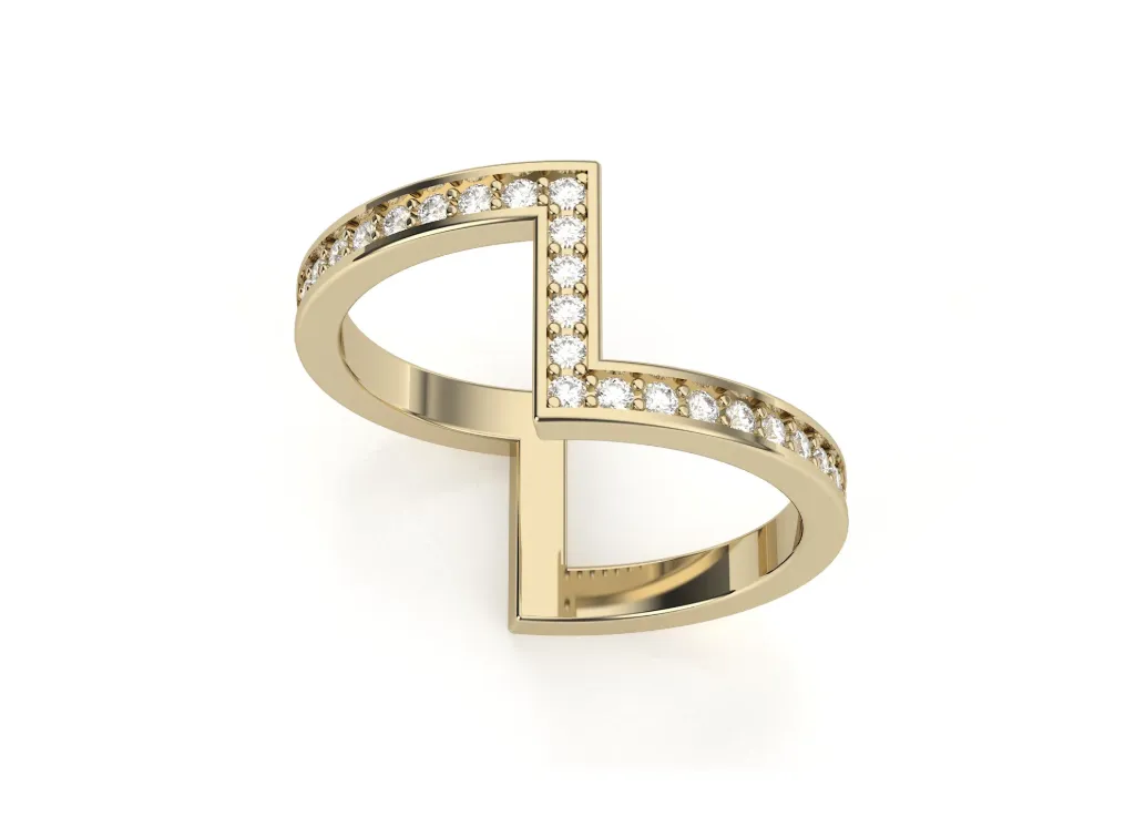 ZIGLUX-a geometric split-band ring style with angular curves and one diamond-studded side for asymmetrical brilliance - VR1973