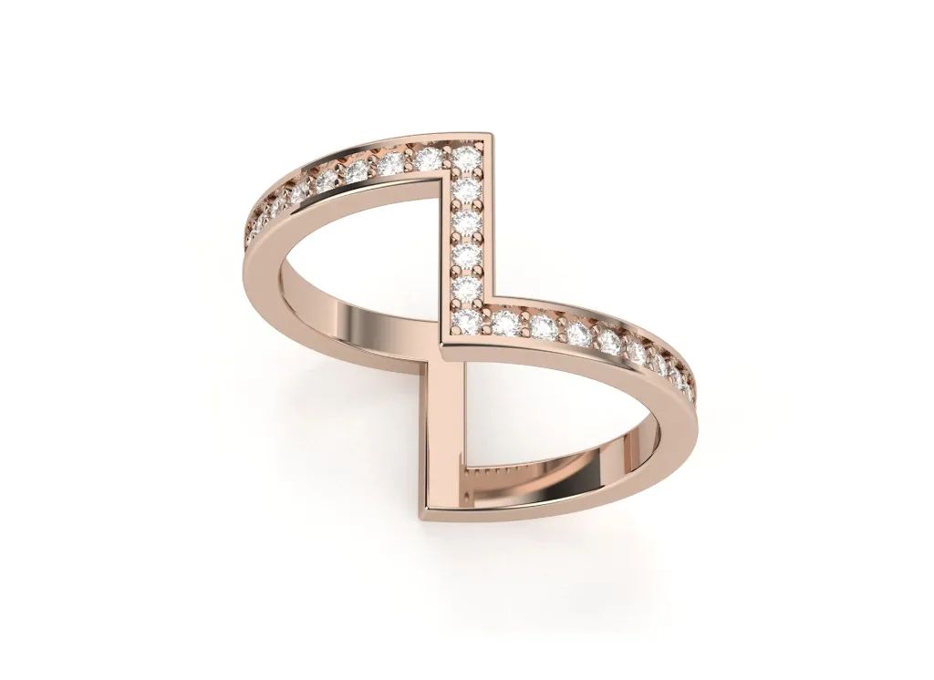 ZIGLUX-a geometric split-band ring style with angular curves and one diamond-studded side for asymmetrical brilliance - VR1973