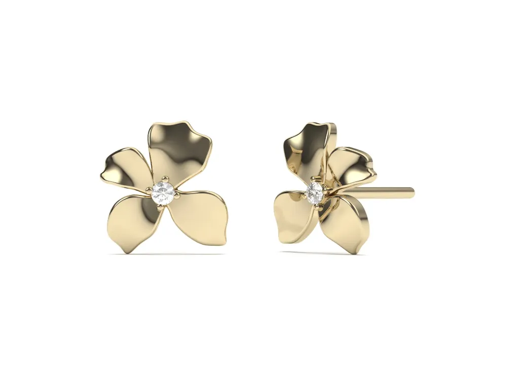BLUMORA-Floral stud earrings featuring four polished petals with a diamond at the center - VER29908