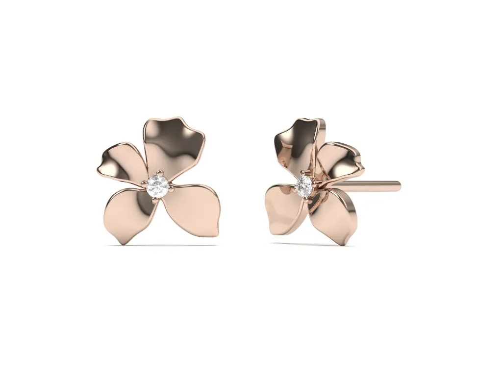 BLUMORA-Floral stud earrings featuring four polished petals with a diamond at the center - VER29908