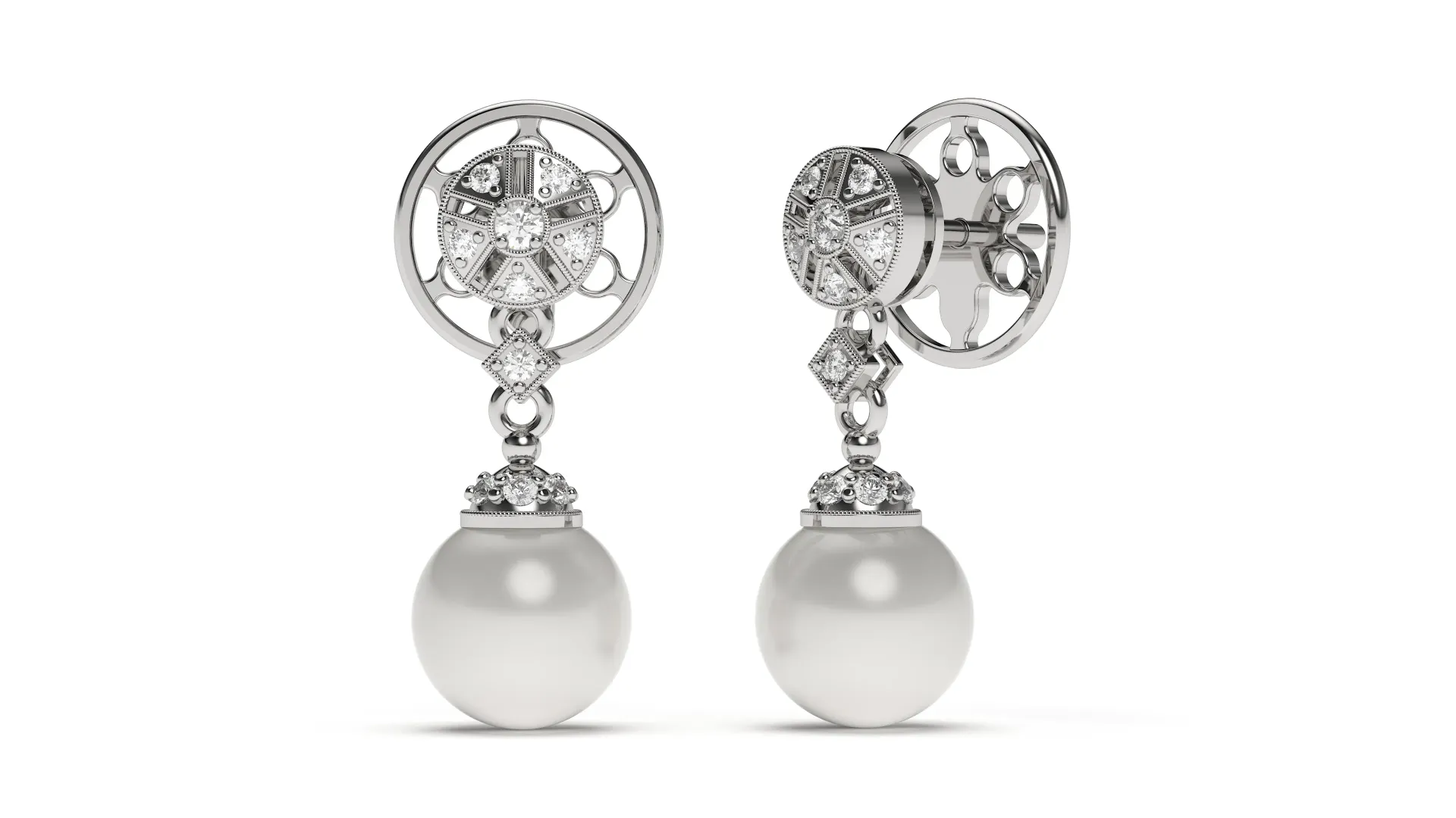 PERLARA-ornate pearl drop earrings featuring diamond-adorned circular designs - VER29871