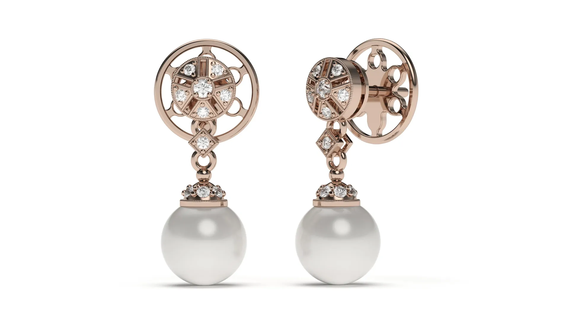 PERLARA-ornate pearl drop earrings featuring diamond-adorned circular designs - VER29871