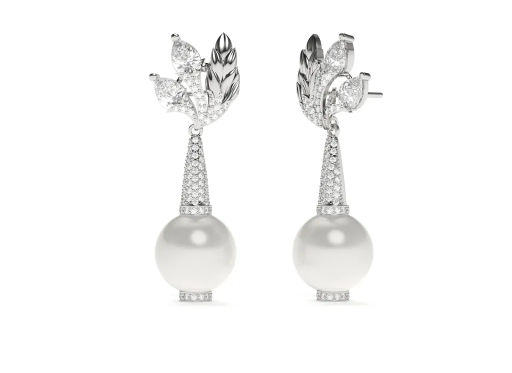 LUMIVRA-drop earrings featuring pearls suspended with diamond studded floral motif - VER1163