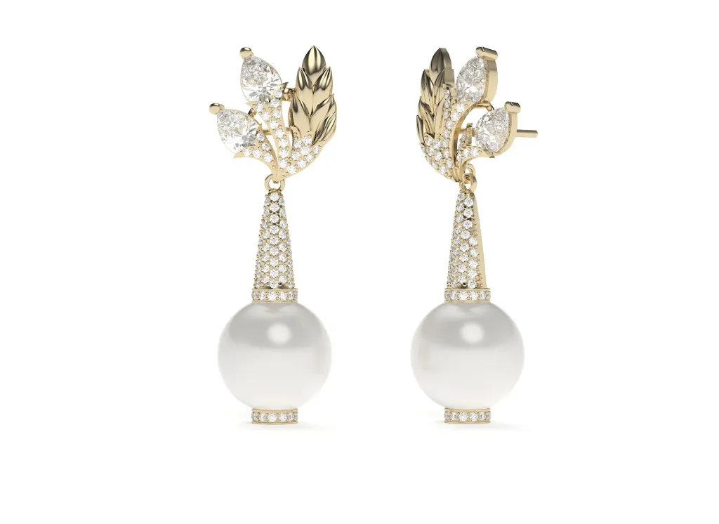 LUMIVRA-drop earrings featuring pearls suspended with diamond studded floral motif - VER1163