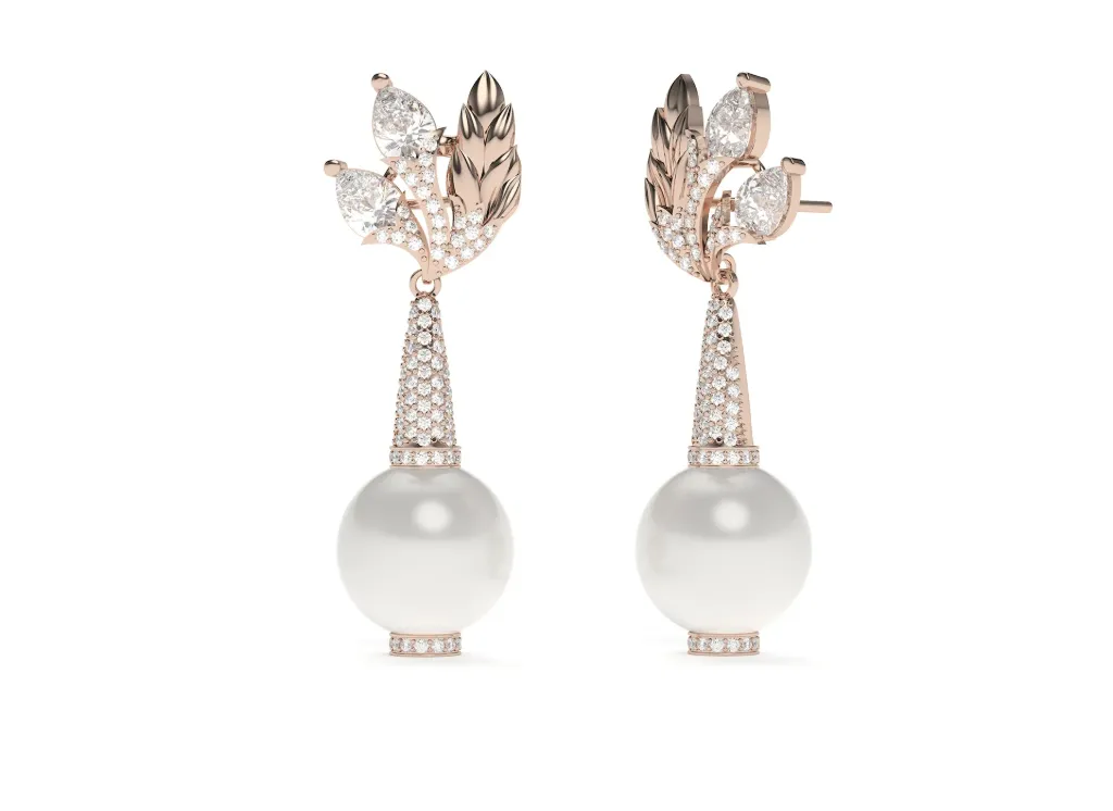 LUMIVRA-drop earrings featuring pearls suspended with diamond studded floral motif - VER1163