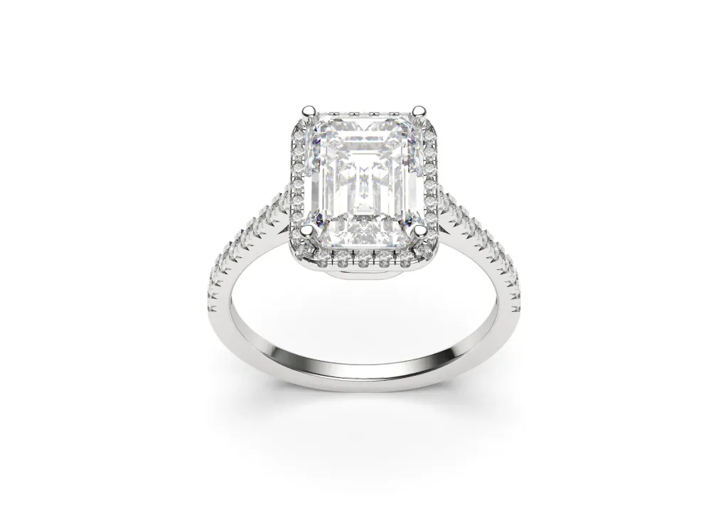 ASTAVIEL-a ring with an emerald-cut gemstone in a halo of round diamonds - VR87784
